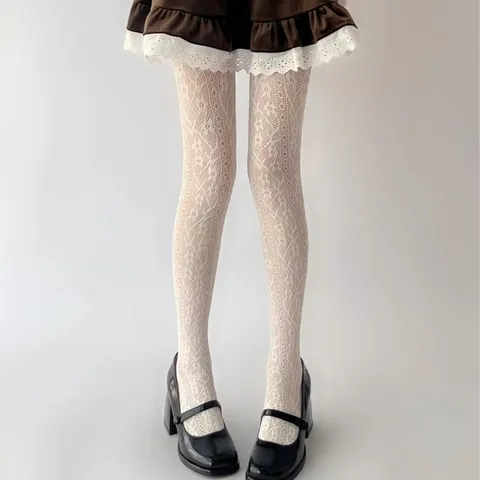 Women French Vintage Floral Vertical Stripe Jacquard Tights High Elastic Breathable Sheer Pantyhose Stockings