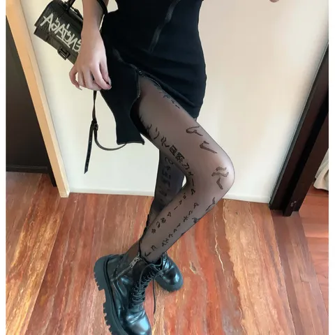 Women Sexy Sheer Pantyhose Japanese Letter Print Tights Slim Fit Stretchy Stockings Night Club Style Fashion Hosiery