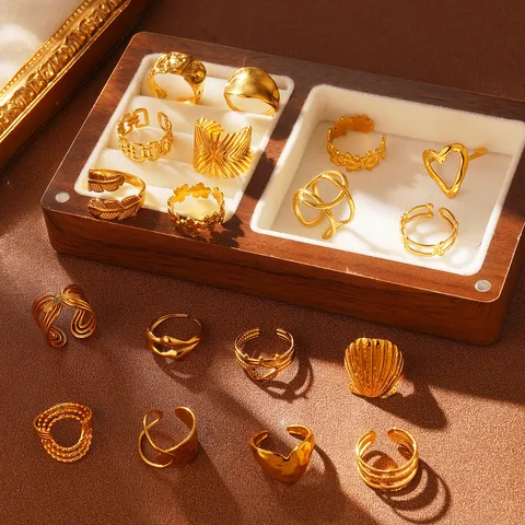 Bague Ouverte Ajustable en Acier Inoxydable de Mode pour Femmes Hommes Feuille Géométrique Onde Chaîne Gourmette Bijoux Cadeau