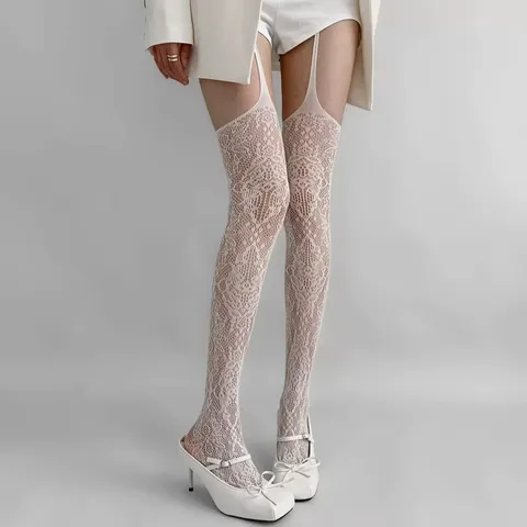 Women Retro Jacquard Garter Pantyhose Sexy Hollow Out Ripped Tights Y2K Dopamine Erotic Fashion Stockings