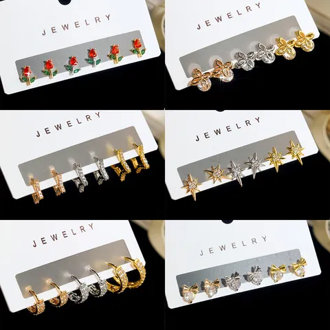 Set van 3 Paren Zirconia Oorbellen Voor Vrouwen Achtpuntige Ster Tulp Strik Geometrisch Koperen Oorknopjes Met 925 Sterling Zilver Stift Mode Sieraden Cadeau