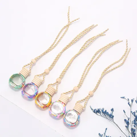 Car Perfume Bottle Hanging Pendant Soft Clay Glass Aromatherapy Bottle With Golden Lanyard Auto Interior Decor Ornament
