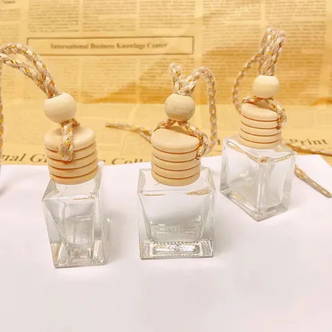 Auto Parfüm Flasche Hängend Glas Ätherisches Öl Diffusor Minimalistisch Quadratische Flasche Mit Holzkappe Und Seil Auto Innendekoration Anhänger