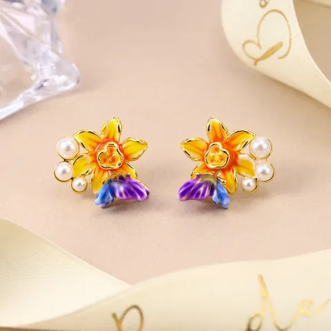Boucles d'Oreilles Clous Style Mori Fleur Cœur Papillon Émail Perle Artificielle Avec Tige en Argent Sterling 925 Bijoux Élégants et Doux pour Femmes