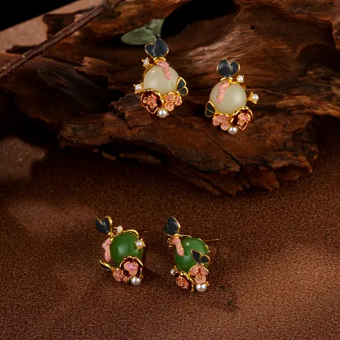 Boucles d'Oreilles Clous en Émail de Style Chinois pour Femmes Vintage Floral Strass Boucles d'Oreilles Perle Artificielle Gland Boucles d'Oreilles Bijoux Élégants
