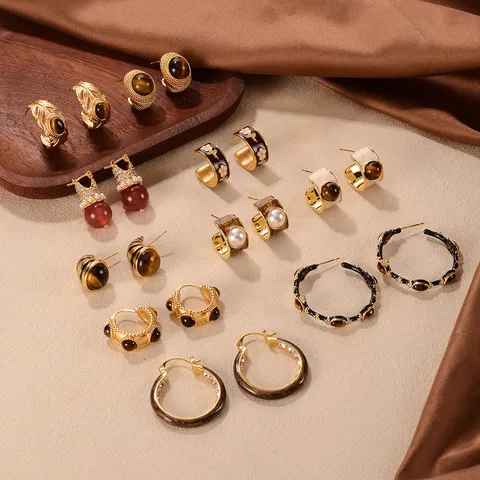 Vintage C-Shaped Hoop Earrings For Women Tiger Eye Stone Rhinestone Alloy Maillard Brown Jewelry Antique Style With 925 Sterling Silver Post