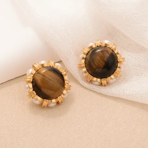 Boucles d'Oreilles Clous Girasol Œil de Tigre Vintage pour Femmes Style Maillard Rétro Alliage Perle Artificielle Strass Bijoux