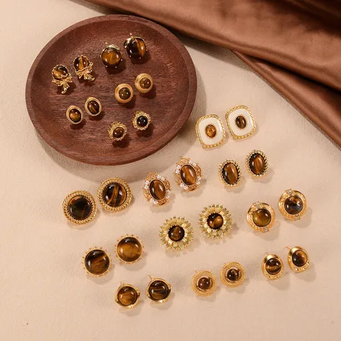 Vintage French Style Tiger Eye Stud Earrings 925 Sterling Silver Earring Post Maillard Brown Alloy Rhinestone Earrings Women Jewelry