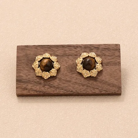 Boucles d'Oreilles Clous Maillard Vintage Rétro pour Femmes Tige en Argent Sterling 925 Strass Perle Artificielle Imitation Oeil de Tigre