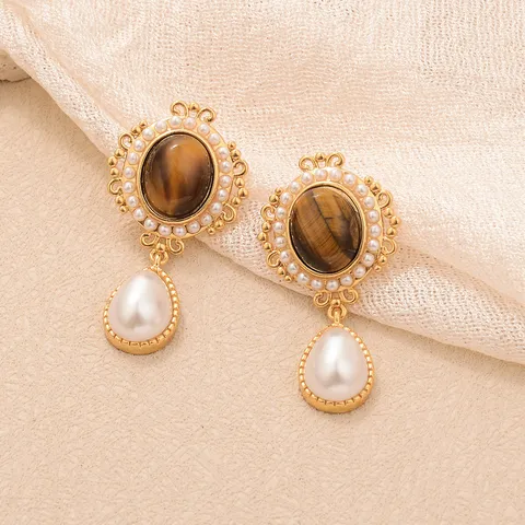 Boucles d'Oreilles Pendantes Vintage Maillard Oeil de Tigre Pour Femmes Tige Argent Sterling 925 Perle Artificielle Bijoux