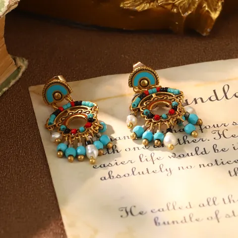 Boucles d'Oreilles Turquoise Style Palais Français Vintage Tige en Argent 925 Style Antique Fleur Ajourée Bijoux en Pierres Précieuses