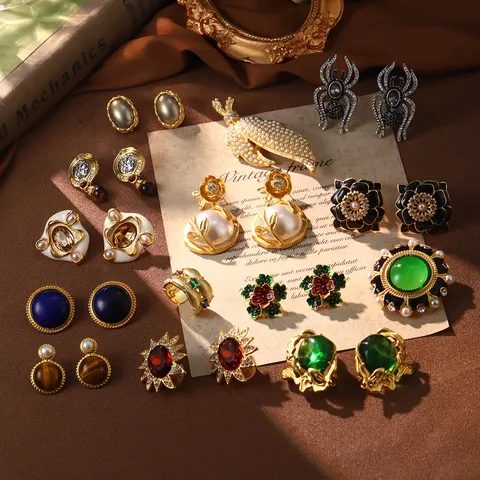 Boucles d'Oreilles Fleur en Alliage Vintage Avec Tige en Argent 925 Perle Artificielle Strass Broche Bague Bijoux Haut de Gamme