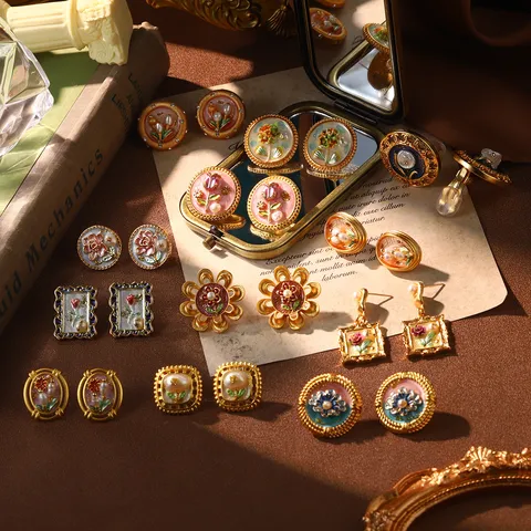 Boucles d'Oreilles Vintage Françaises Peinture à l'Huile de Monet en Émail Pour Femmes Baroque Perle Naturelle Boucles d'Oreilles à Fleur Avec Tige en Argent Sterling 925