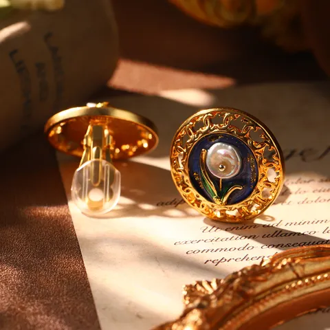 Boucles d'Oreilles Vintage Françaises Peinture à l'Huile de Monet en Émail Pour Femmes Baroque Perle Naturelle Boucles d'Oreilles à Fleur Avec Tige en Argent Sterling 925