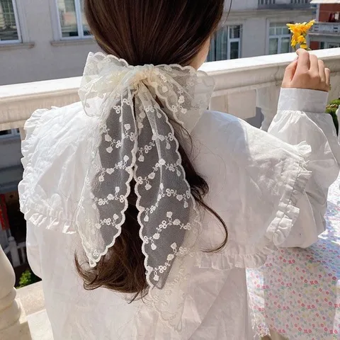 Korean Style White Lace Hair Ribbon Floral Embroidery Streamer Bow Hair Band For Women Sweet Fairy Hair Accessories