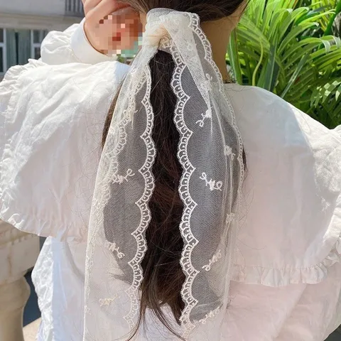 Korean Style White Lace Hair Ribbon Floral Embroidery Streamer Bow Hair Band For Women Sweet Fairy Hair Accessories