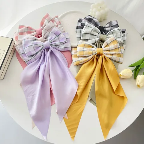 Korean Style Fabric Plaid Big Bow Hair Clip With Long Satin Ribbons Preppy Style Large Bowknot Spring Clip For Women Girls Hair Accessories