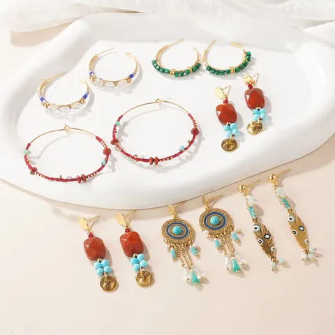 Bohemian Ethnic Natural Stone Evil Eye Earrings Feather Tassel Handmade Beaded Dangle Earrings With 925 Sterling Silver Post Retro Jewelry