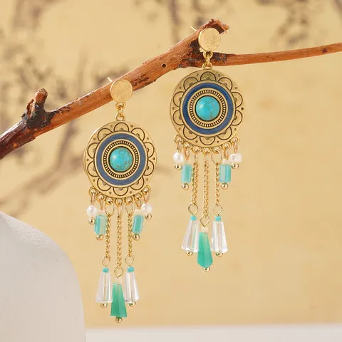 Bohemian Ethnic Natural Stone Evil Eye Earrings Feather Tassel Handmade Beaded Dangle Earrings With 925 Sterling Silver Post Retro Jewelry
