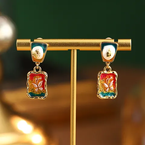 Boucles d'Oreilles Clous Style Peinture à l'Huile Jardin de Monet Émail Fleur Papillon Avec Tige en Argent Sterling 925 Perle Artificielle Bijoux Femme