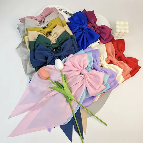Satijn Effen Kleur Oversized Strik Haarclip Met Lange Wimpel Veerclip Elegante Koreaanse Haaraccessoire Vrouwen