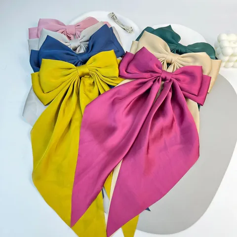 Satijn Effen Kleur Oversized Strik Haarclip Met Lange Wimpel Veerclip Elegante Koreaanse Haaraccessoire Vrouwen