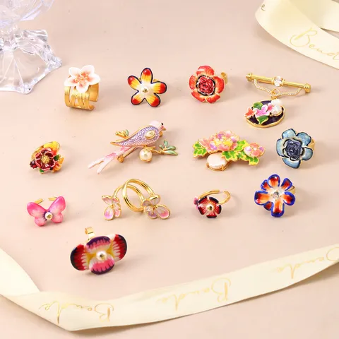 Vintage Luxurious Alloy Artificial Pearl Enamel Floral Bird Butterfly Adjustable Open Ring Brooch Fashion Jewelry For Women