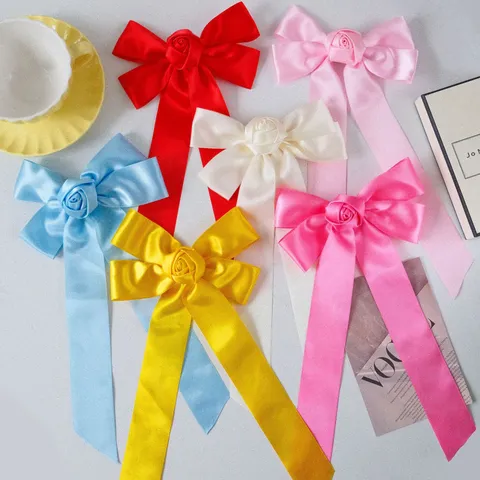 Handmade Rose Flower Bow Hair Clip For Women Sweet Polyester Satin Ribbon Streamer Duckbill Clip Valentine Day Gift