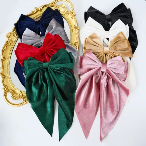Vintage Velvet Large Bow Hair Clip For Women European Style Solid Color Long Ribbon Fabric Hairpin Duckbill Clip Headwear