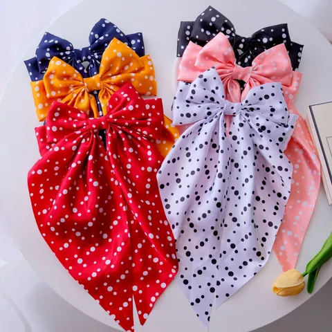 Large Satin Bowknot Hair Clip With Long Ribbon Polka Dot Solid Color Elegant Spring Clip Hair Accessory For Women