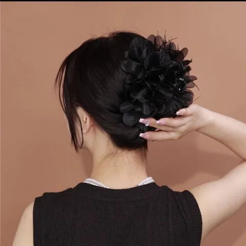 Koreaanse Stijl Stof Bloem Veer Haarklem Grote Elegante Haarklem Voor Dames Handgemaakte Bloemen Haarspeld Haaraccessoires