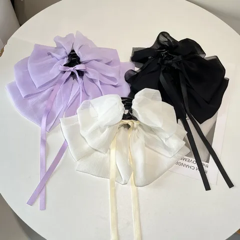 Large Bow Hair Claw Clip Textured Chiffon Fabric Korean Style Shark Clip Volumizing Hair Bun Accessory For Women Girls