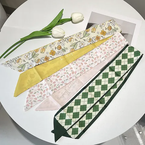 French Vintage Satin Hair Ribbon Scarf For Women Floral Argyle Printed Bow Hairband Long Ribbon Headband Wrap Accessory