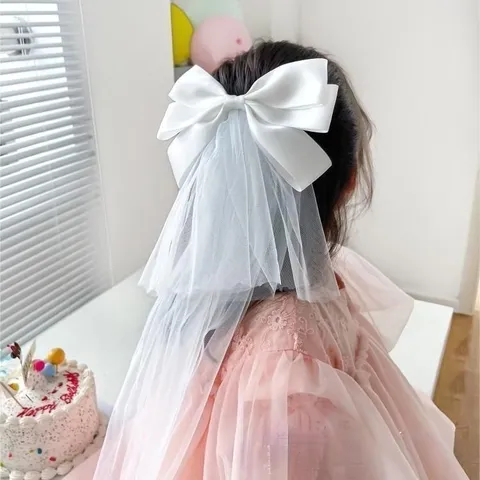 Elegant Girls Princess Hair Veil With Satin Bowknot Mesh Tulle Hair Clip For Wedding Flower Girl Birthday Party Headwear