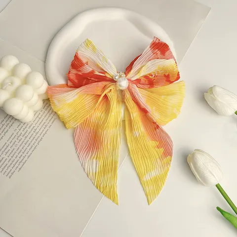 Pince à Cheveux Nœud en Mousseline Plissée Dégradé Coucher de Soleil Avec Perle Artificielle Accessoire de Coiffure pour Femmes Filles