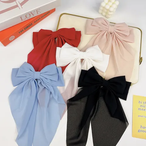 Large Chiffon Ribbon Bow Hair Clip Elegant Solid Color Barrette For Women Girls Handmade Hair Accessories For Wedding Daily Party
