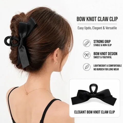 Hepburn Style Large Black Ribbon Bow Hair Claw Clip Elegant French Satin Bow Shark Clip Non-Slip Hair Accessories for Women
