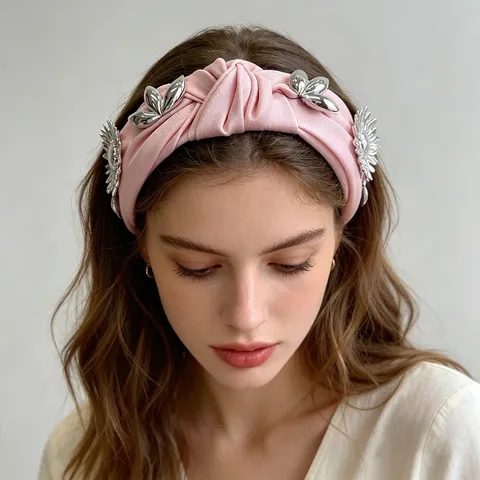 Fashion Satin Knotted Wide Headband For Women Metal 3D Flower Accent Trendy Hair Band Non-Slip Statement Headwear Accessories