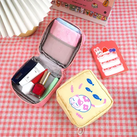 Sac de Rangement pour Serviette Hygiénique Dessin Animé Mignon Tissu Oxford Organisateur Portable Pochette de Maquillage