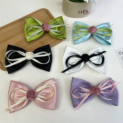 Korean Style Satin Rose Bow Hair Clip Glossy Spring Clip Handmade Flower Hairpin Sweet Elegant Headpiece Accessories For Women