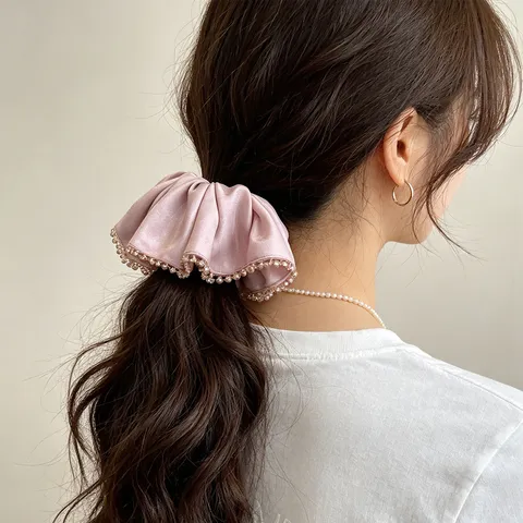 Satin Haargummi Mit Strass-Kante Eleganter Perlmuttglanz Elastisches Haarband Für Damen Haarschmuck Pferdeschwanz Halter Rundes Scrunchy