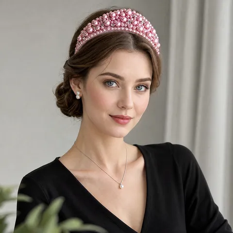 Serre-tête Couronne Rétro de Luxe avec Perles Artificielles et Strass Bandeau en Tissu Rembourré Fait à la Main pour Femmes Mariage