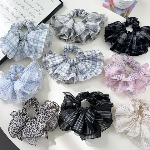 Korean Style Plaid Ruffle Large Hair Scrunchie Gentle Versatile Fabric Elastic Hair Tie Ponytail Holder For Women Accessories