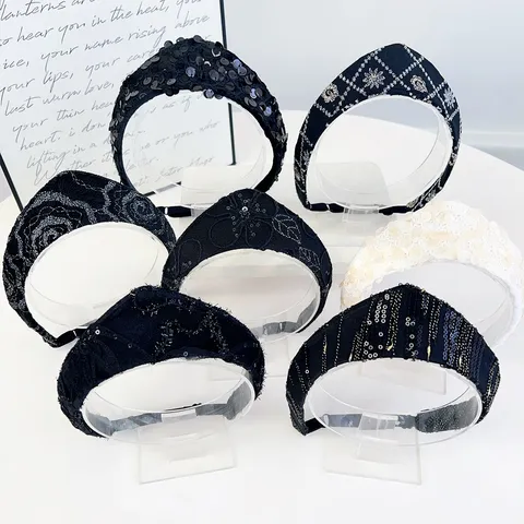 Vintage Sequin Crown Headband For Women British Court Style Embroidered Wide Hair Hoop Adjustable Fashion Hair Band Accessory