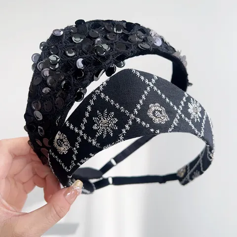 Vintage Sequin Crown Headband For Women British Court Style Embroidered Wide Hair Hoop Adjustable Fashion Hair Band Accessory