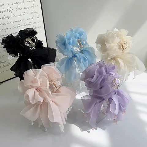 Eleganter 3D Netzstoff Blumen Schleife Haarkralle Süßer Großer Quaste Strass Haarschnitt Kopfschmuck Für Damen Alltag Accessoire