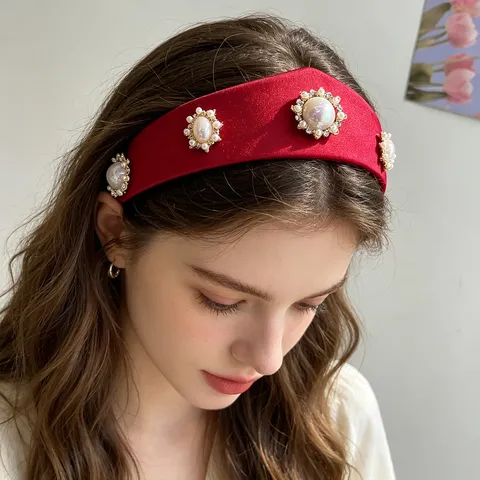 Vintage Barock Gepolstertes Breites Haarband Damen Polyester Künstliche Perle Strass Krone Blumen Stirnband Party Hochzeit Haarschmuck