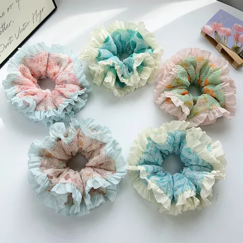 Sweet Mesh Fabric Scrunchie Floral Printed Ruffle Pleated Large Hair Ties Fresh Elegant Hair Bands Ornament Accessories For Women