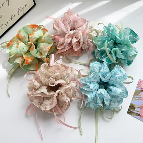 Forest Style Floral Print Chiffon Scrunchie With Bow Ribbon Elegant Handmade Hair Tie Sweet Hair Accessories For Women