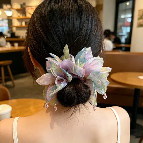 Korean Style Sweet Fabric Mesh Large Scrunchies Floral Flower Pattern Ruffled Hair Ties With Crystal Waterdrop Pendant Women Ponytail Holder